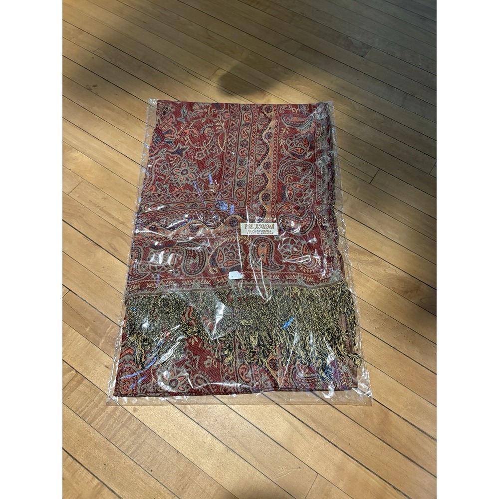 100% Pashmina Red And Gold Paisley Tasseled Pashmina Scarf Wrap Shawl 77"X 28"